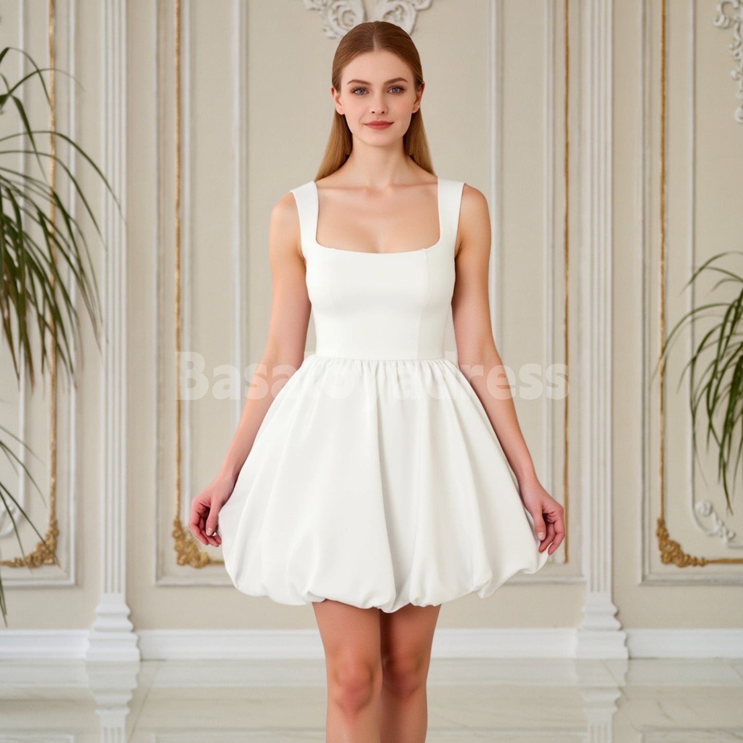 BWD00060 Light Ivory A-Line Open Back Satin Bubble Short Wedding Dress Homcoming Dress with Pockets