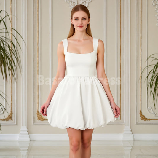 BWD00060 Light Ivory A-Line Open Back Satin Bubble Short Wedding Dress Homcoming Dress with Pockets