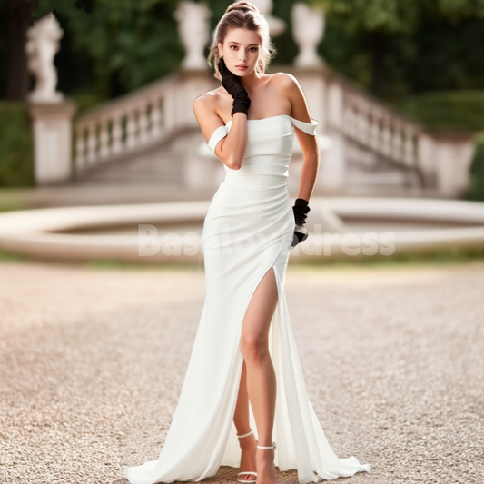 BWD00045 Pleated Open-Back Mermaid Wedding Dress with Detachable Straps and High Slit