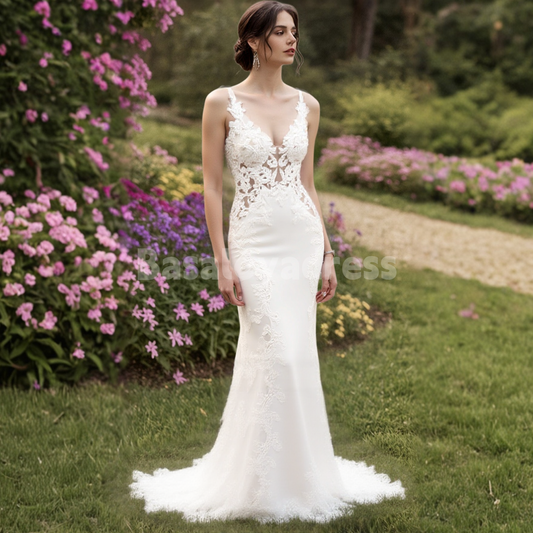 BWD00050  V-neck Sleeveless Lace Applique Illusion Bodice Mermaid Stretch Crepe Wedding Dress with Train