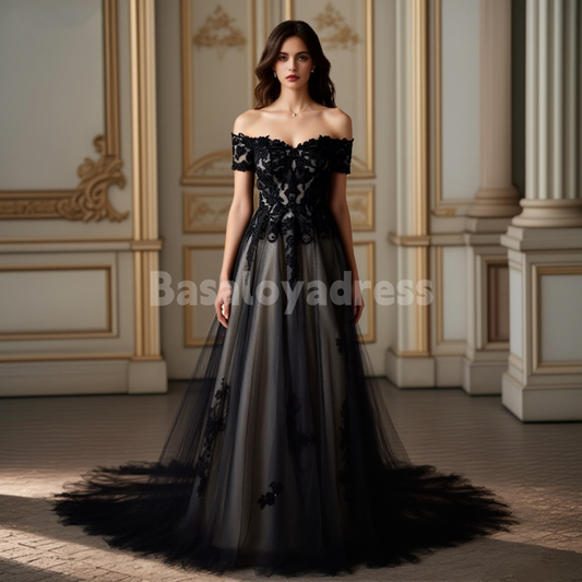 BWD00051 Black Champagne Off the Shoulder Tulle Ball Gown Gothic A-Line Sweetheart Wedding Dress