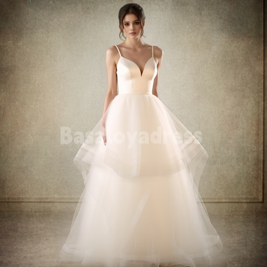 BWD00059 Princess Spaghetti Strap V-neck Ball-Gown Ruched Satin Tulle Wedding Dress