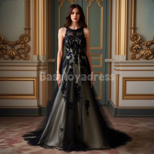 BWD00052 Black Champagne A-Line Round Neck Sleeveless Lace Applique Dress Gothic Tulle Wedding Gown