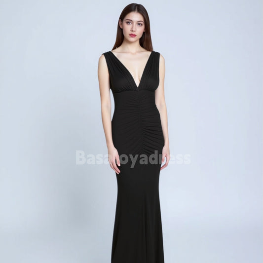 BDES00120 Elegant Sheath V-Neck Sleeveless Pleated Maxi Dress Evening Gown
