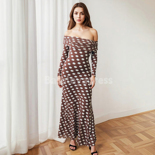 BDES00122 Polla Dot Long Sleeve Off-The-Shoulder Maxi Dress with Pleats