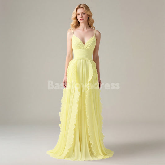 BDES00125 A Line Spaghetti Straps Chiffon Pleated Bridesmaid Dress Prom Dresses with Ruffles