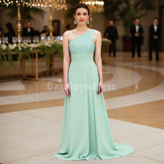 BDES00127 Elegant A-Line One Shoulder Chiffon Sequin Bridesmaid Dress Long Mother of the Brides Dresses