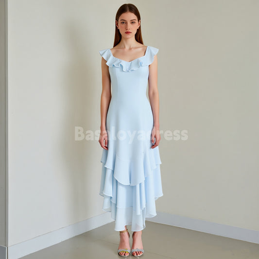BDES00128 Sky Blue Chiffon A Line Bridesmaid Dress Tiered Asymmetrical Wedding Guest Dress with Ruffles