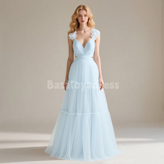 BDES00133 Sky Blue A-Line Ruffles Straps Tulle Prom Dress V-Neck Sleeveless Bridesmaid Dresses
