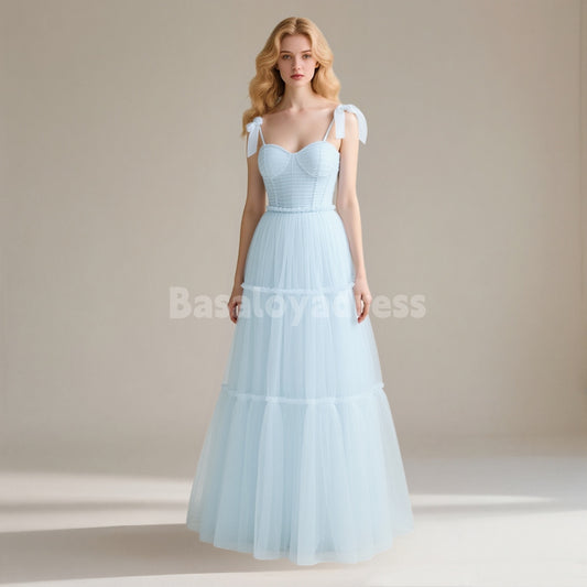 BDES00134 Sky Blue A-Line Bow Tie Straps Tulle Prom Dress Sleeveless Bridesmaid Dresses