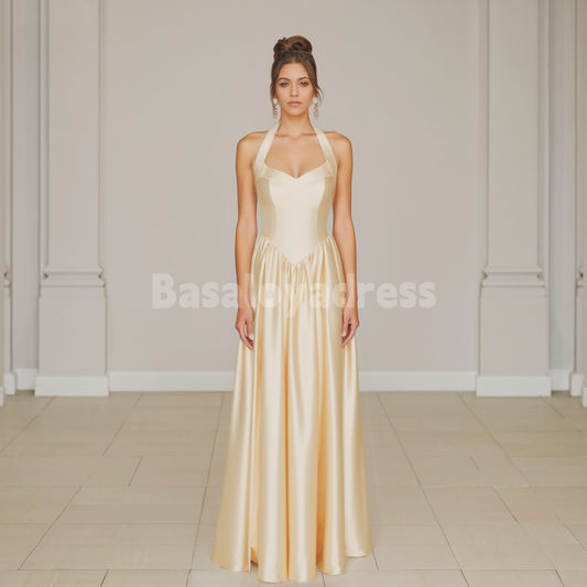 BDES00126 Halter A Line Satin Bridesmaid Dress Pleated Formal Gowns Back Lace-up Evening Dress