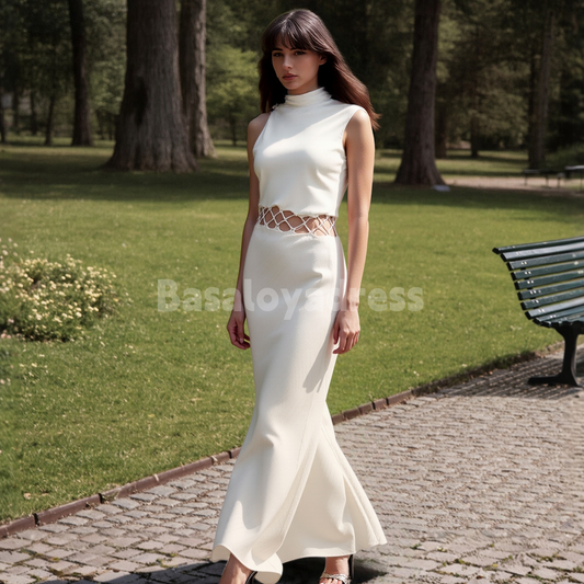 BWD00067 Light Ivory Cowl Neck Two-Piece Lace-Up Maxi Dress