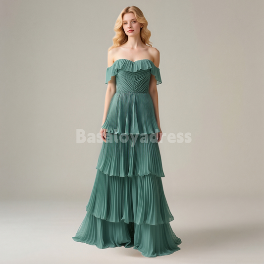 BDES00135 A Line Off the Shoulder Tiered Maxi Prom Dress Pleated Bridesmaid Dress
