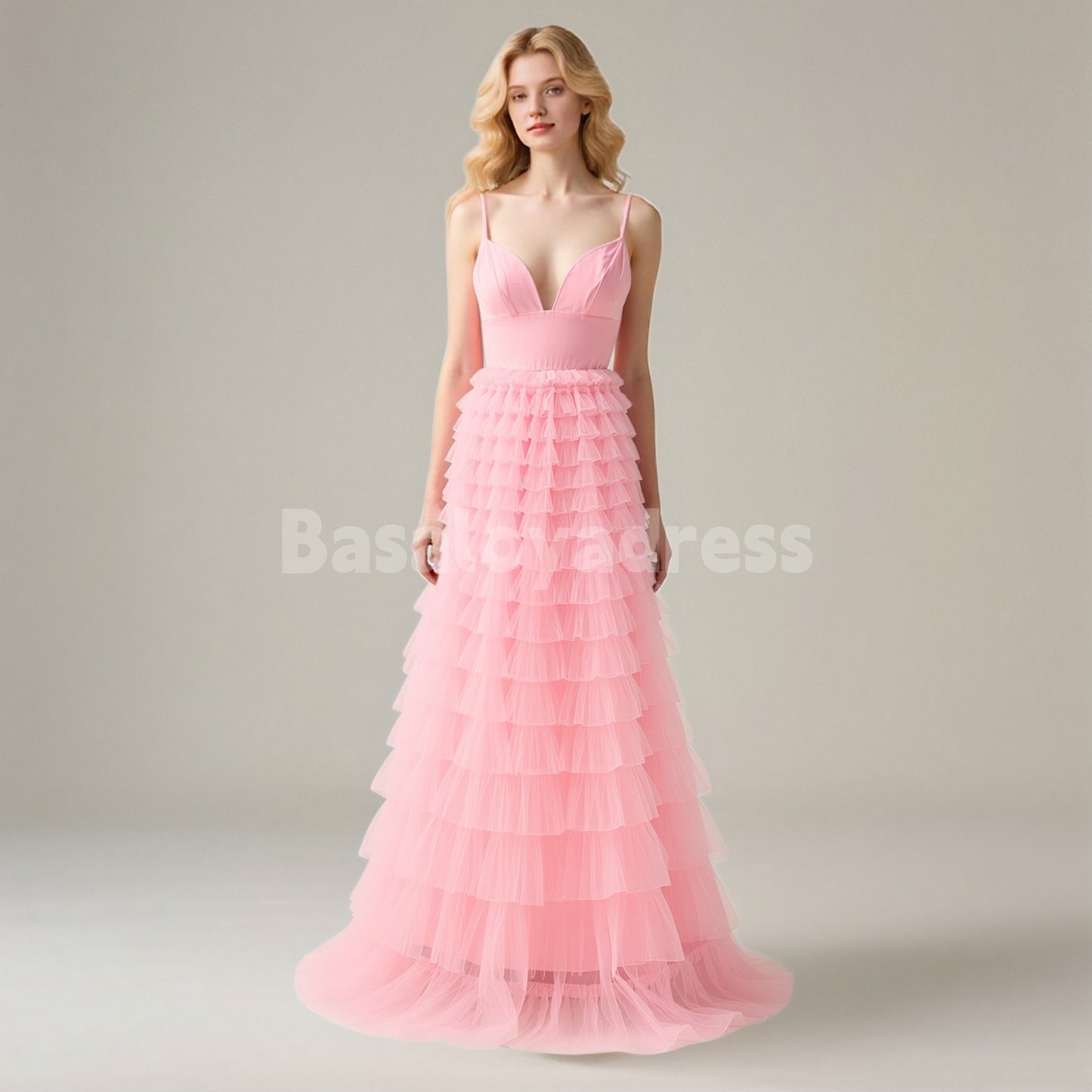 BDES00164 A Line Spaghetti Straps Tulle Tiered Long Prom Dress Pink Bridesmaid Dress