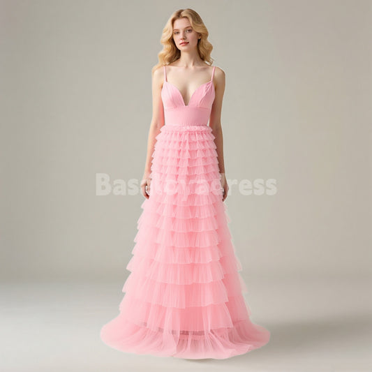 BDES00164 A Line Spaghetti Straps Tulle Tiered Long Prom Dress Pink Bridesmaid Dress