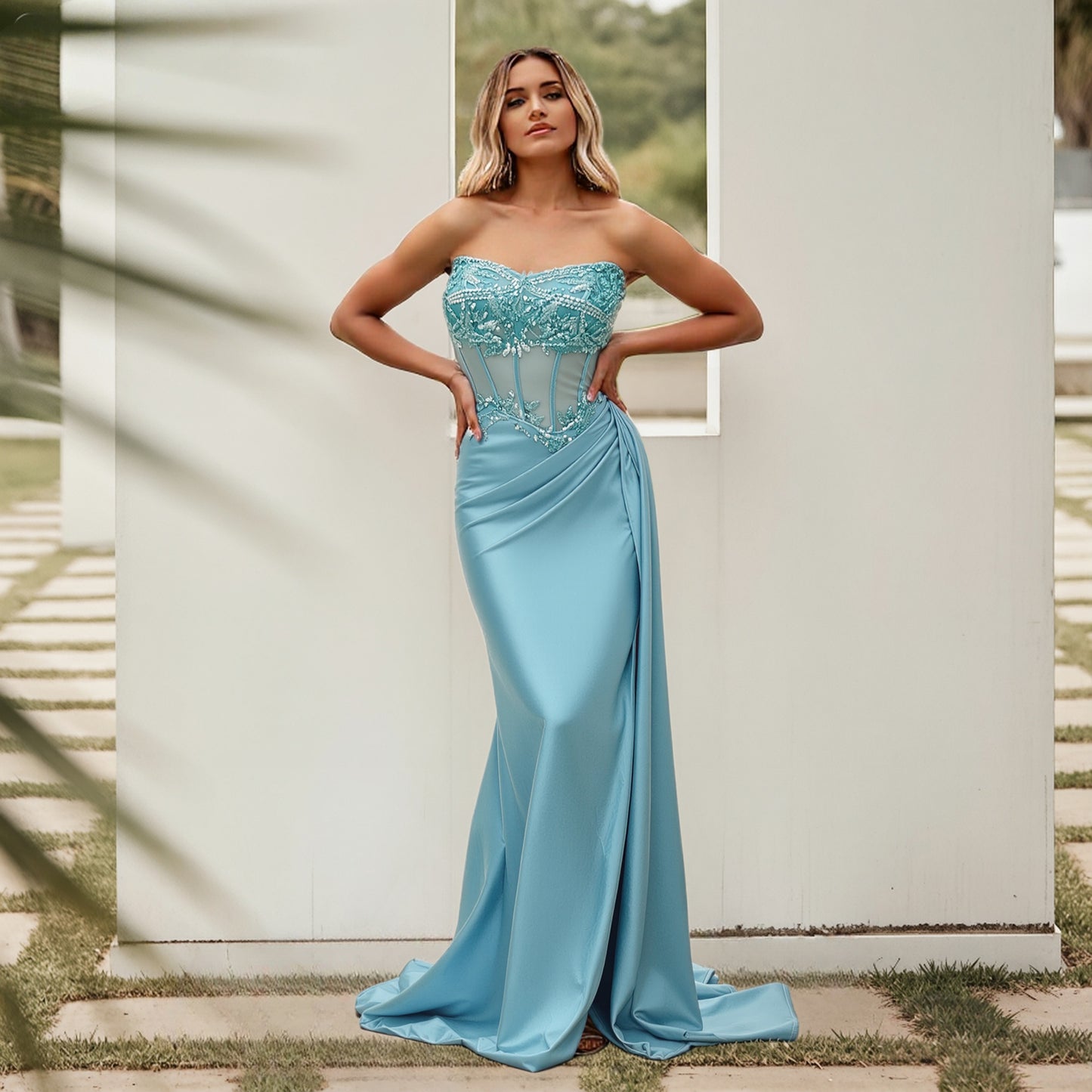BDES00165 Blue Green Strapless Sequined Lace Applique Mermaid Prom Dress with Split
