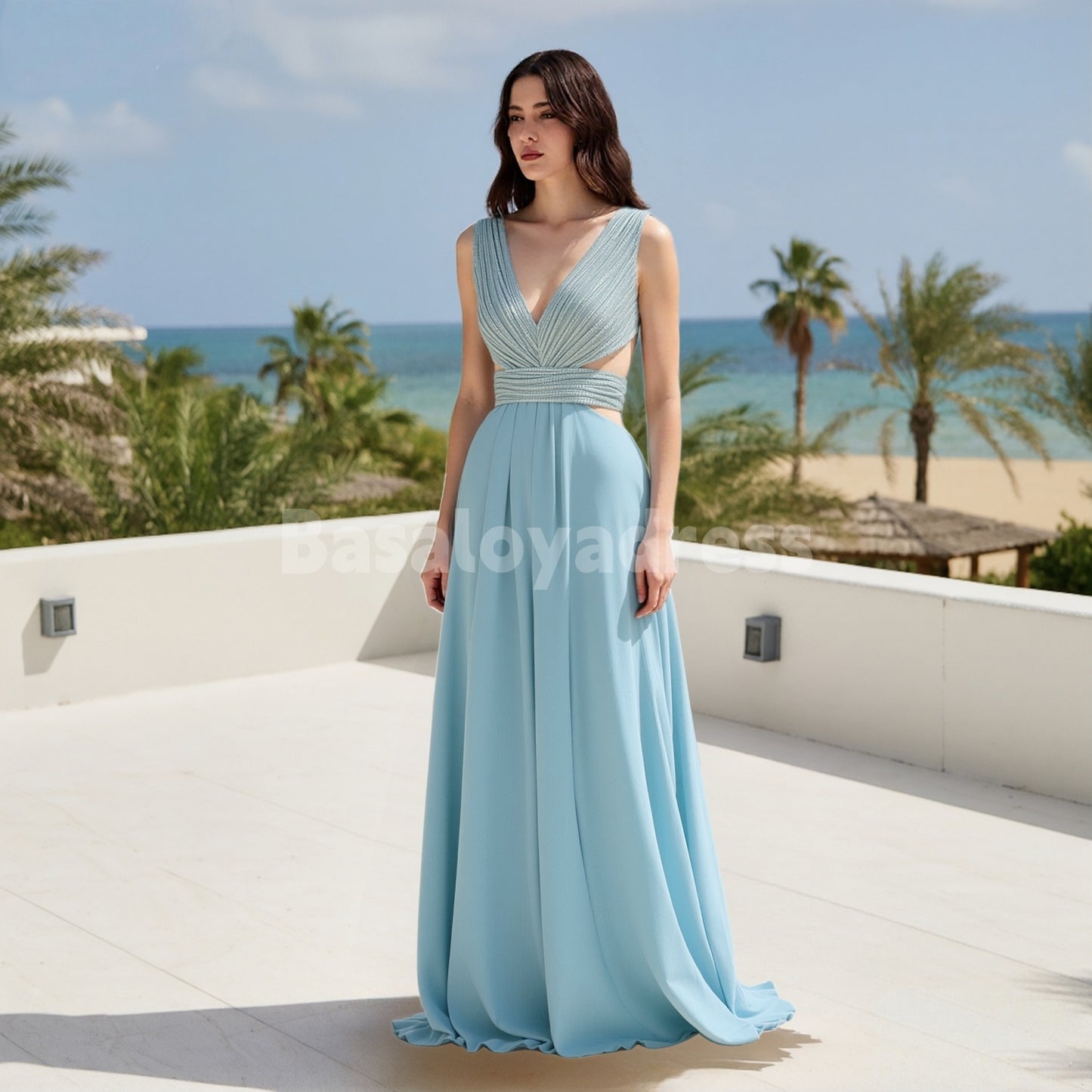 BDES00167 Sparkly Grey Blue A Line V Neck Cut Out Backless Sequined Maxi Prom Dress