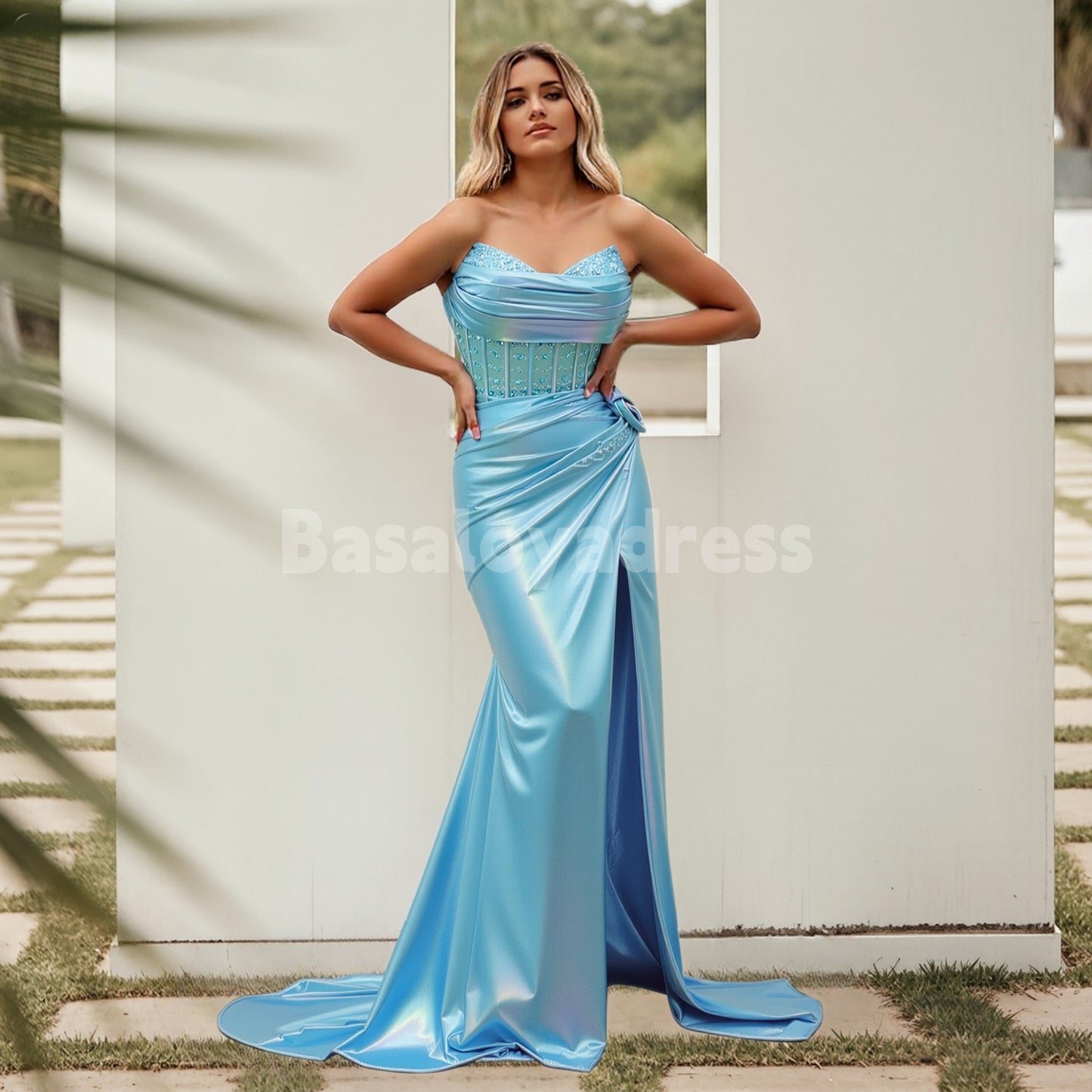 BDES00168 Vibrant Blue Mermaid Prom Dress Strapless 3D  Flowers Beaded Long Dress with Slit
