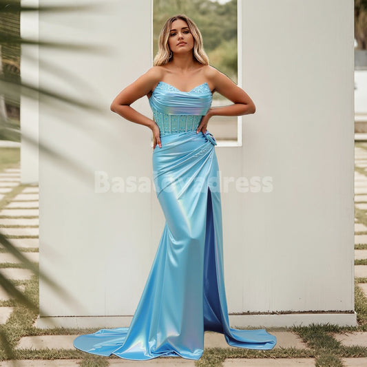 BDES00168 Vibrant Blue Mermaid Prom Dress Strapless 3D  Flowers Beaded Long Dress with Slit