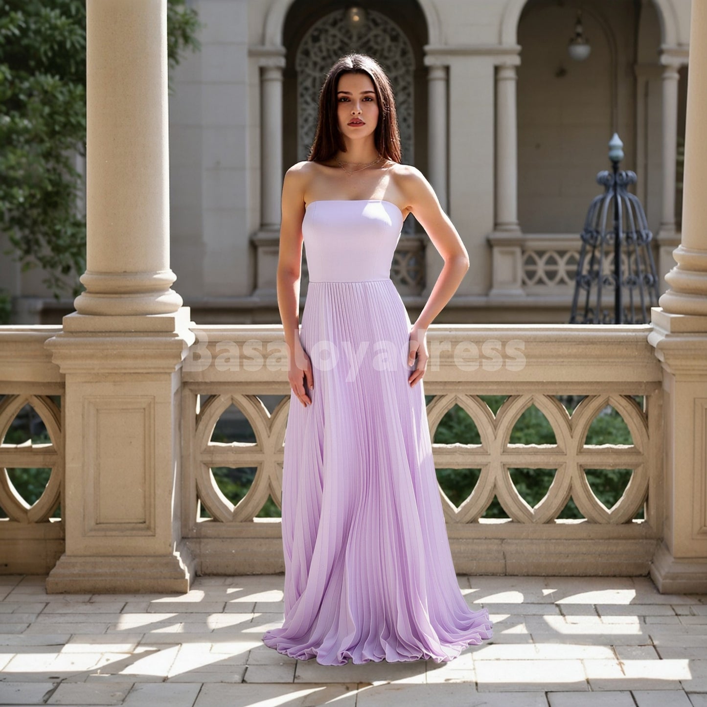 BDES00171 Lilac Strapless A Line Long Prom Dress Bridesmaid Dress with Pleats