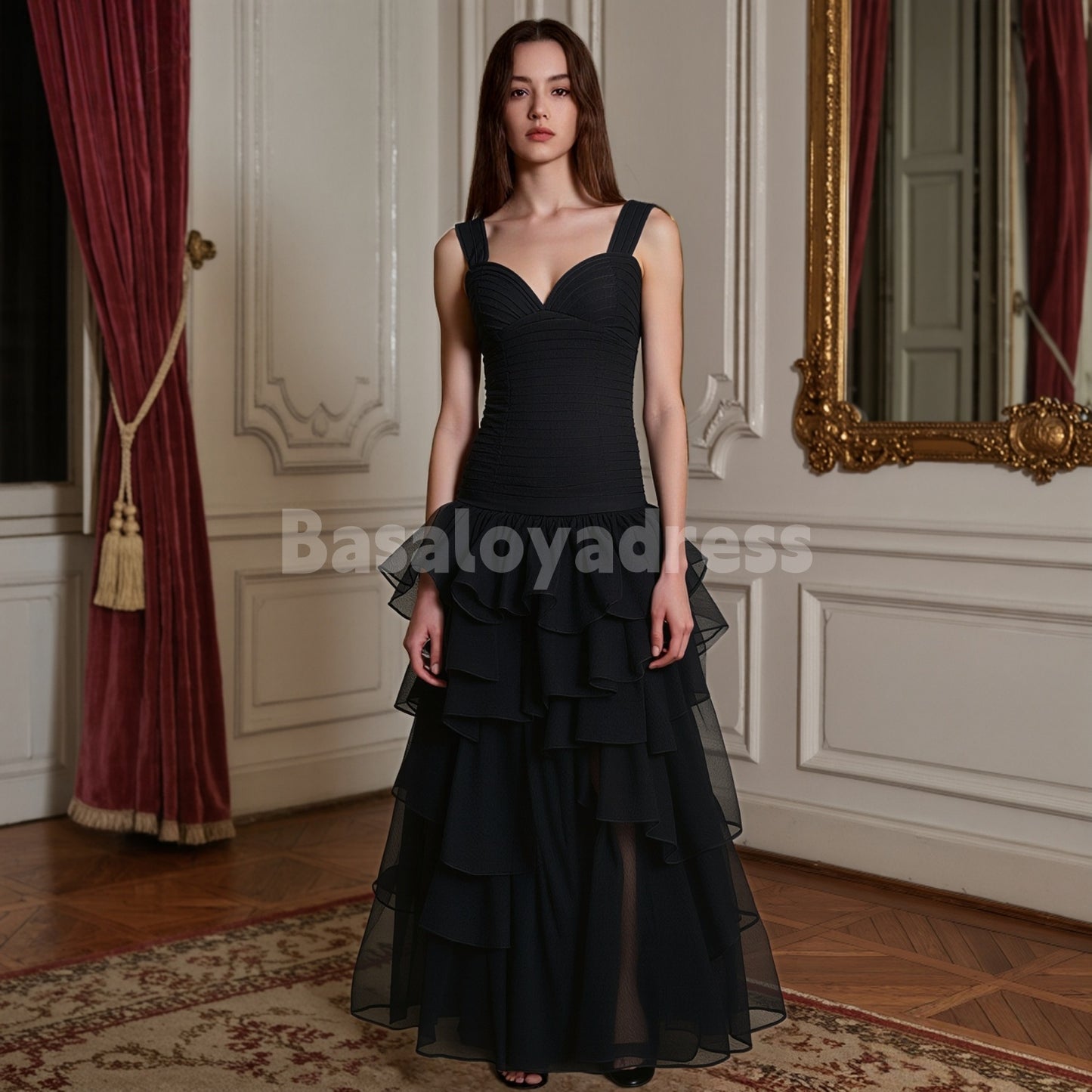 BDES00172 Black Organza A-Line Pleated Top High-Low Hem Formal Dress with Ruffle Slit