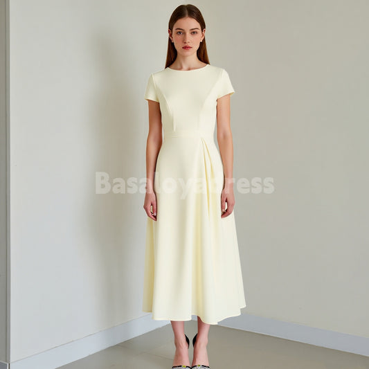 BDES00173 Light Yellow A Line Boat Neck Vintage Satin Short Sleeves Midi Work Dress