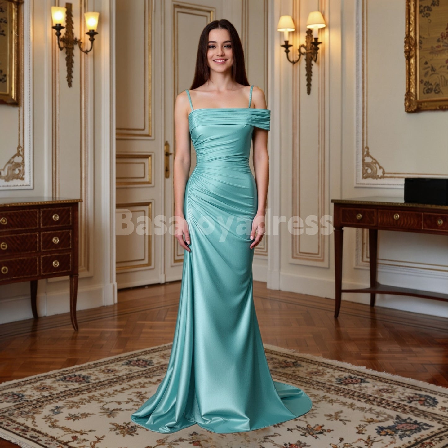 BDES00175 Blue Green Sheath Pleated One Shoulder Spaghetti Straps Long Prom Dress