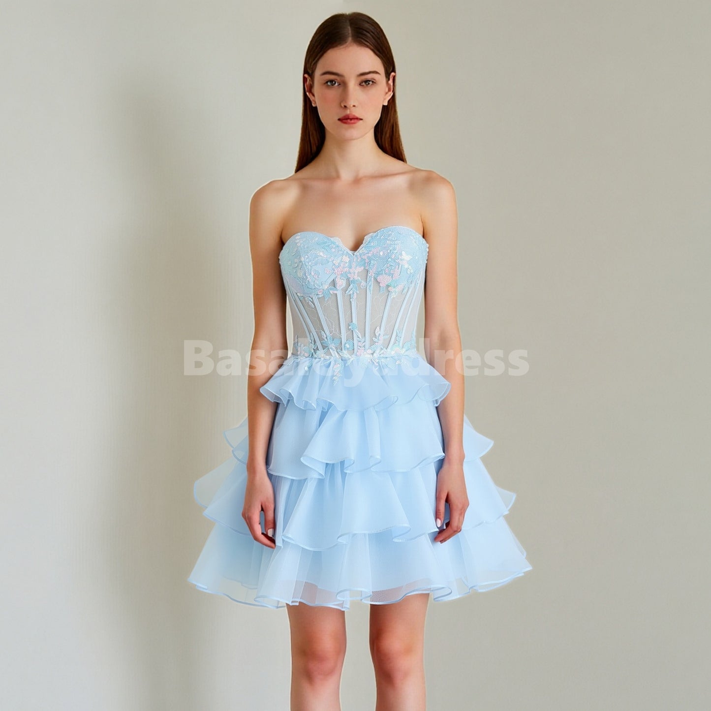 BSD00093 Blue Sweetheart Sequins Corset Tiered Short Prom Dress Homecoming Dress with Lace Up Back