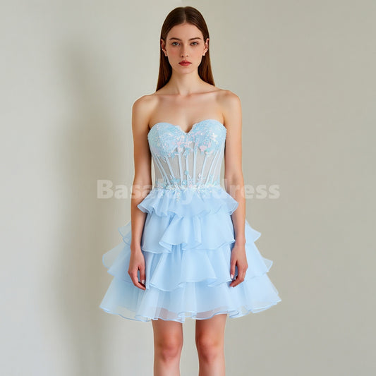 BSD00093 Blue Sweetheart Sequins Corset Tiered Short Prom Dress Homecoming Dress with Lace Up Back