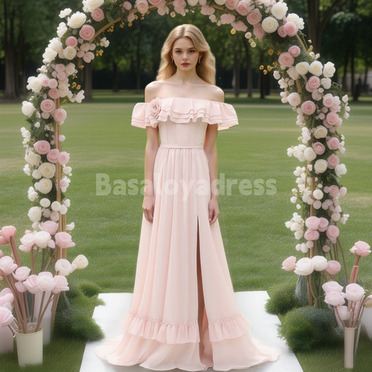 BDES00170 Pink A Line Off The Shoulder Ruffled 3D Flower Bridesmaid Dress with Slit