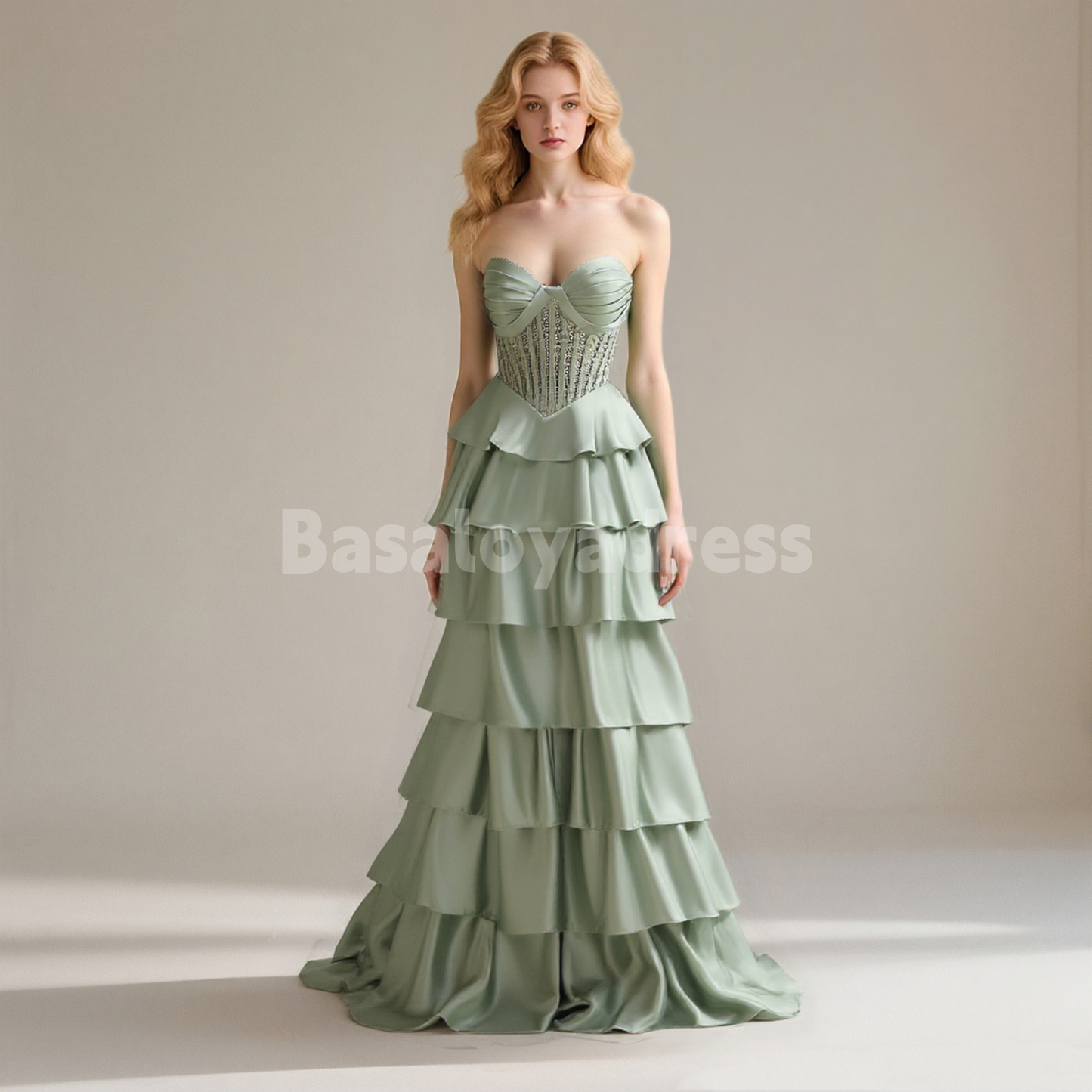 BDES00169 Sparkle Green Sweetheart Satin Tiered Corset Strapless Long Prom Dress