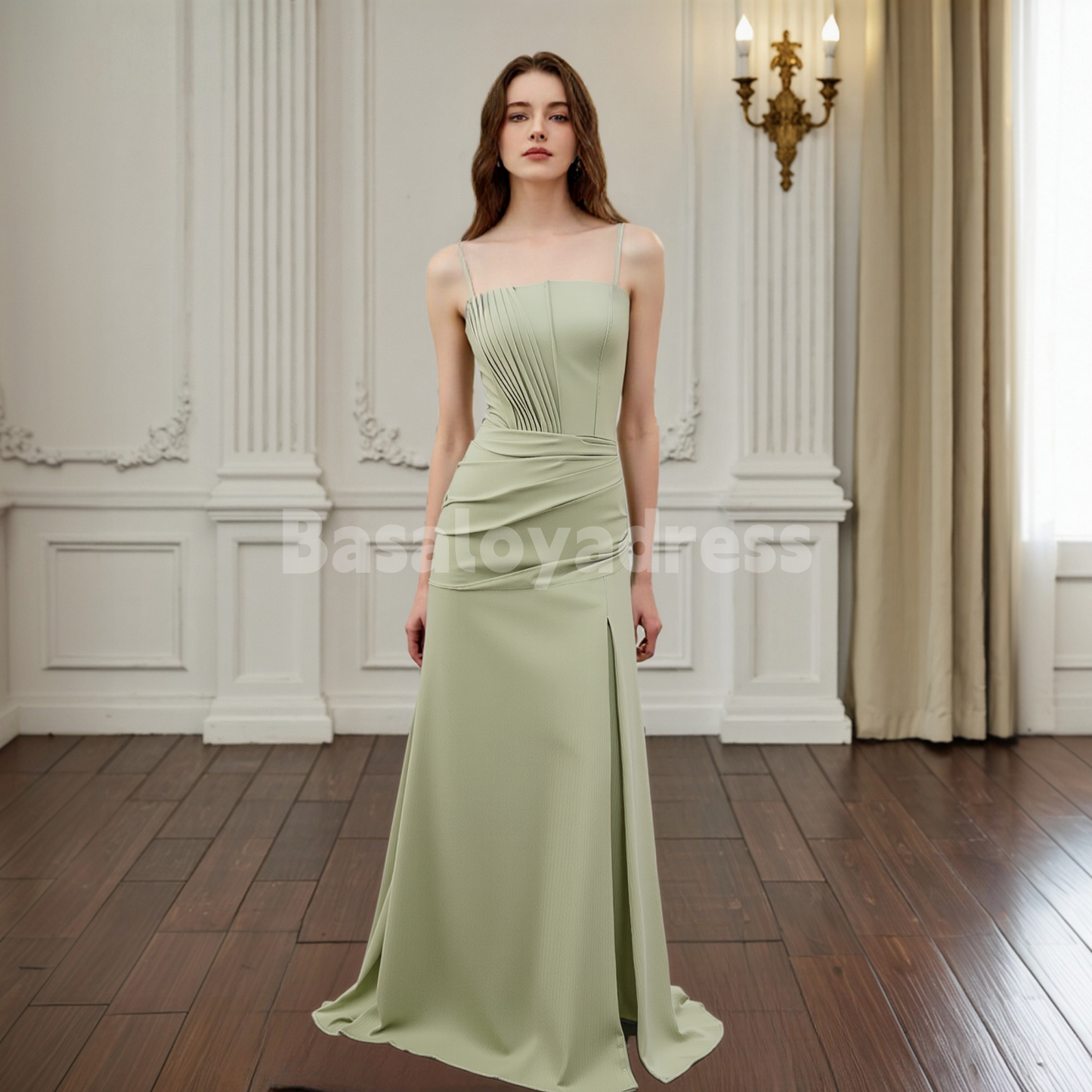 BDES00166 Sage Corset Mermaid Prom Dress Maxi Dress with Pleats and Slit