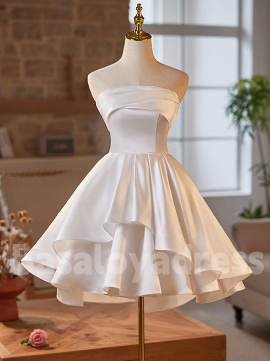 BSD00038 White Strapless Satin Short Prom Dress Little White A-line Irregular Homecoming Party Dress