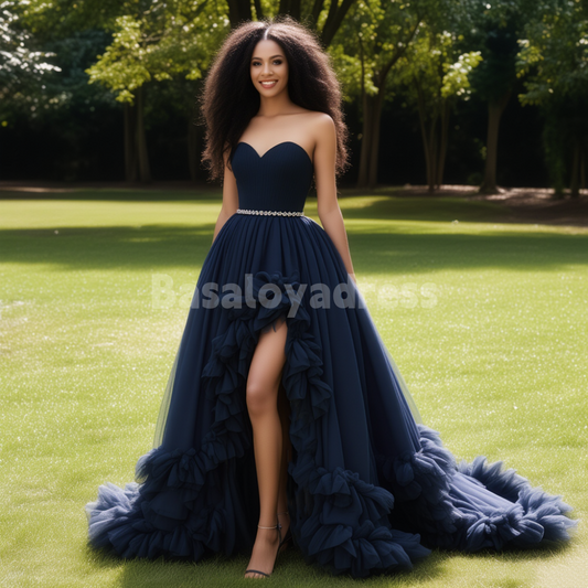 BDES00031 High-Low Navy Layered Tulle Prom Dresses with Voluminous Ruffles