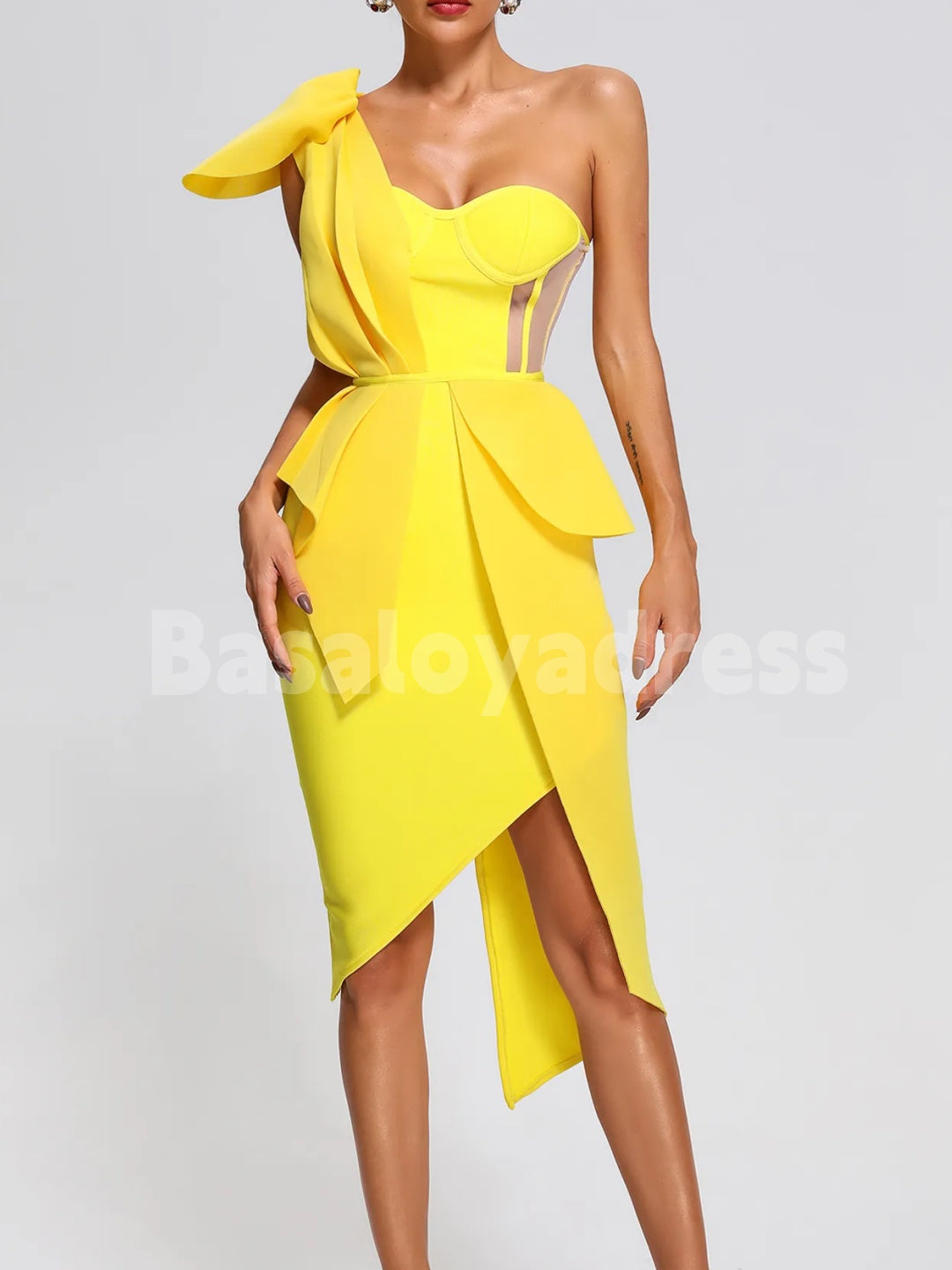 BSD00047 One Shoulder Semi-transparent Pleated Colorblock Asymmetrical Midi Dress