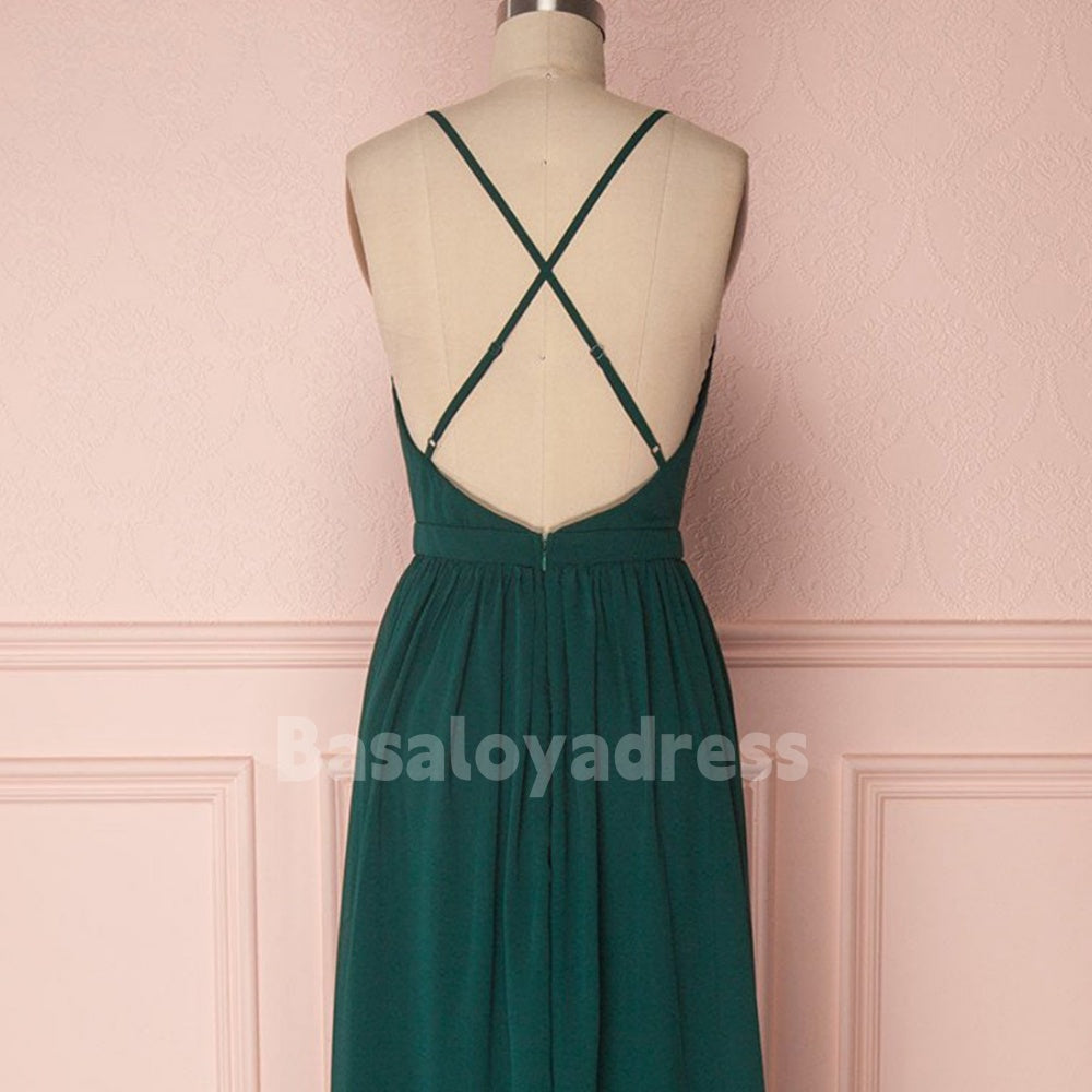 BDES00045 Chiffon Floor-length A-line V-neck Backless Pleated Bridesmaids Dress with Spaghetti Straps