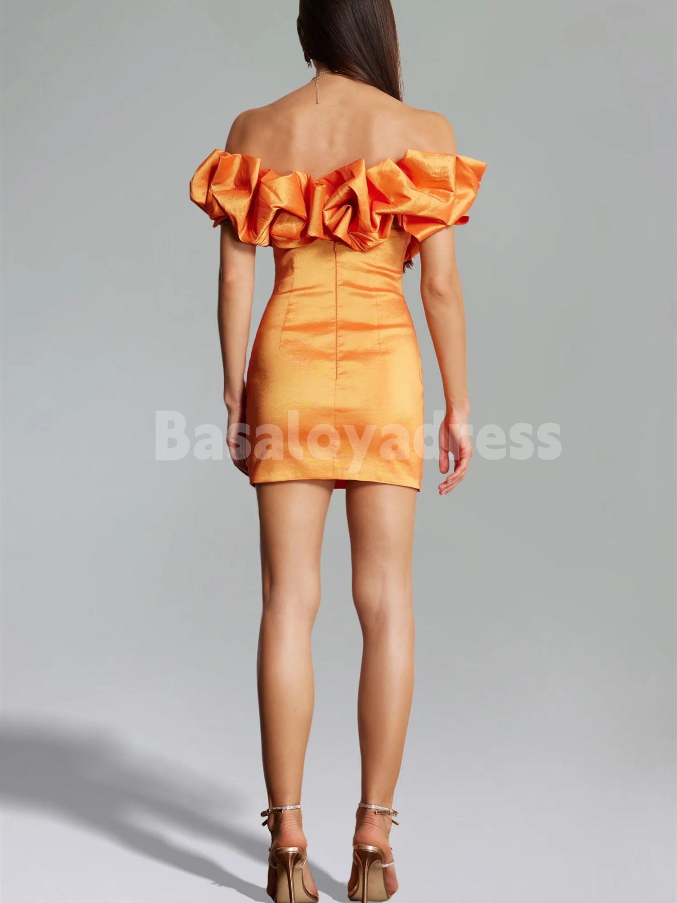 BSD00043 Satin Puff Off Shoulder Orange Short Homecoming Dress with Sparkly Diamante Sexy Mini Dresses