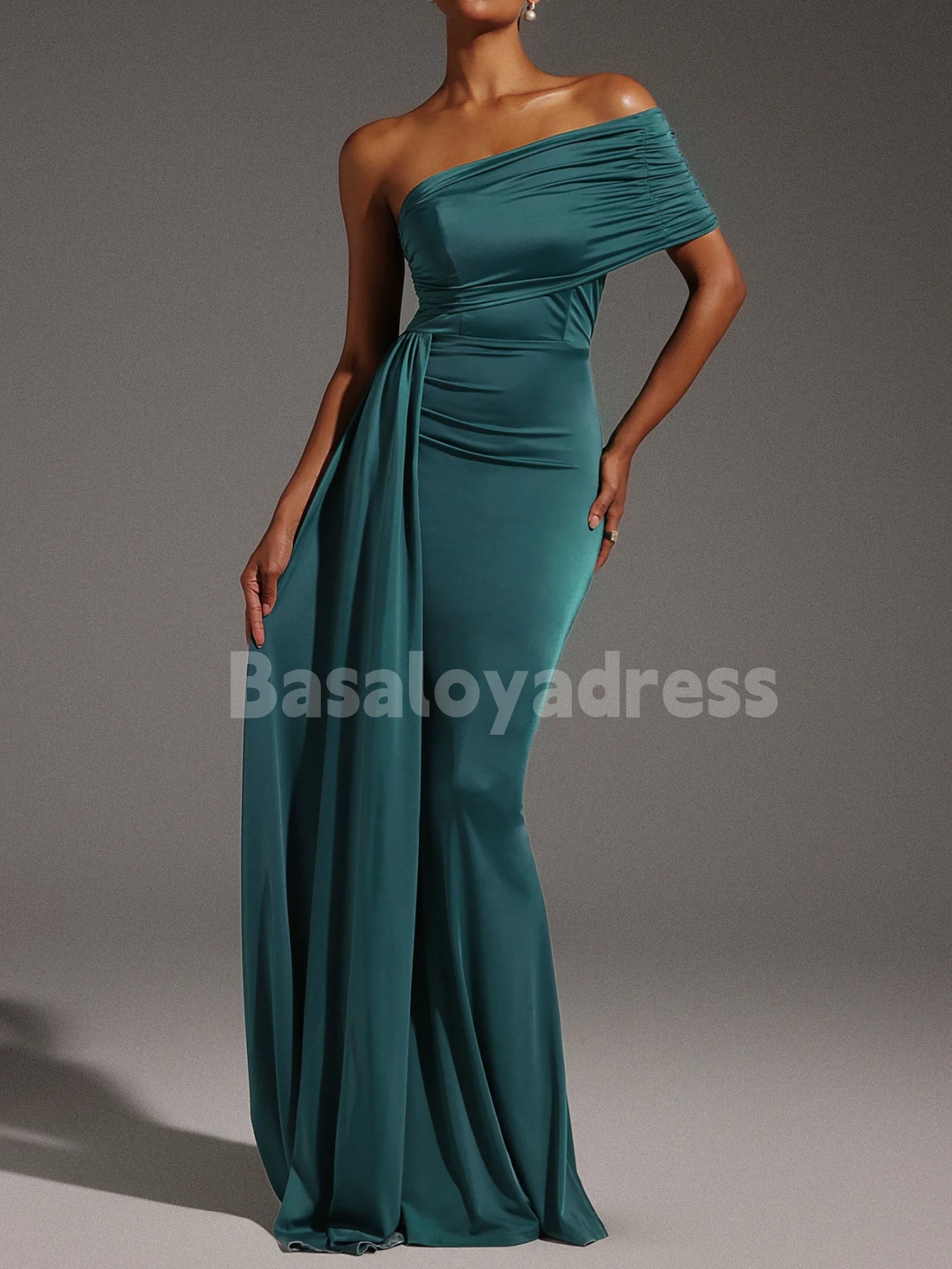 BDES00089 Maxi Green One Shoulder Wedding Guest Dress Sleeveless Pleated Prom Dress Evening Dress