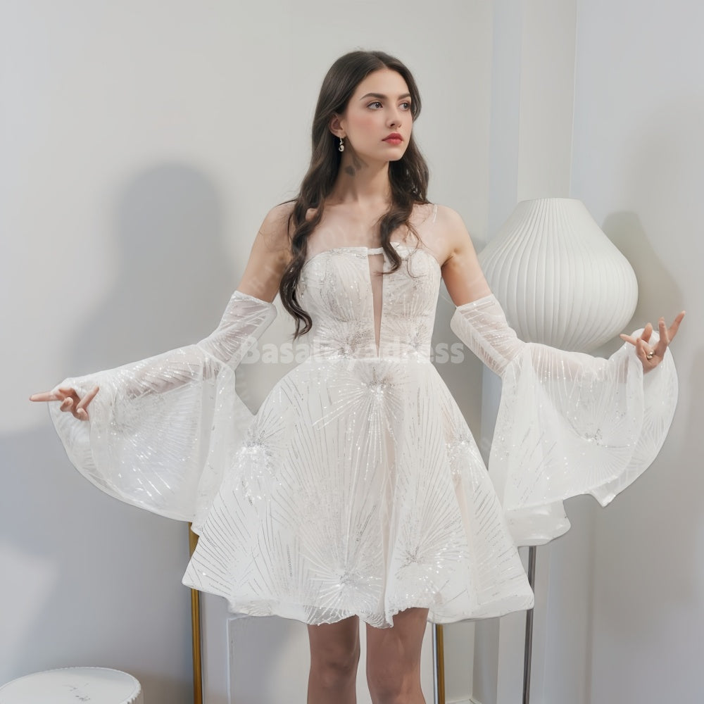 BSD00001 Teens Shiny White Mini Short A-Line V-Neck Above Knee Homecoming Dress With Detachable Sleeve Cocktail Dress