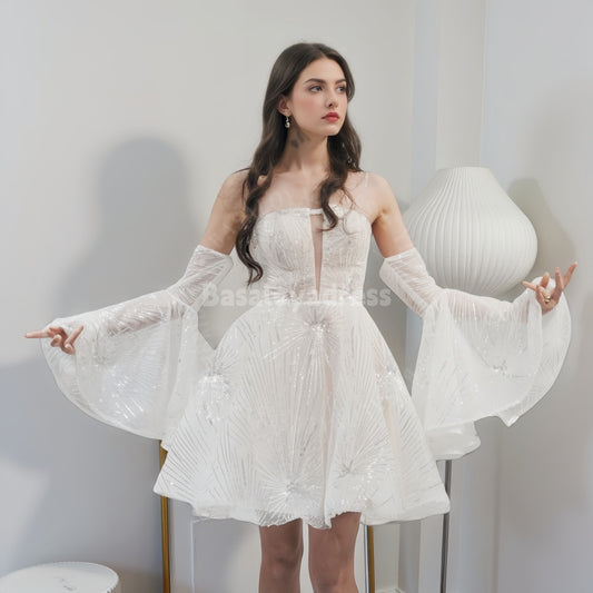 BSD00001 Teens Shiny White Mini Short A-Line V-Neck Above Knee Homecoming Dress With Detachable Sleeve Cocktail Dress