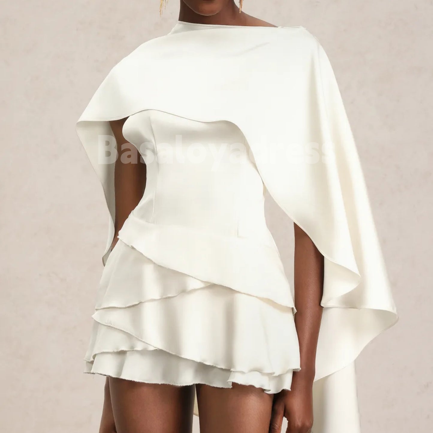 BSD00039 Ivory Satin Backless Sleeveless Layered Mini Dress Ruffled Mini Homecoming Dress with Cape