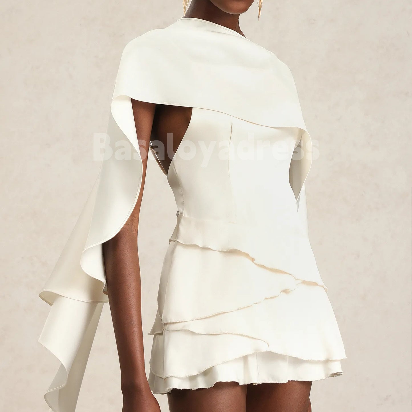 BSD00039 Ivory Satin Backless Sleeveless Layered Mini Dress Ruffled Mini Homecoming Dress with Cape