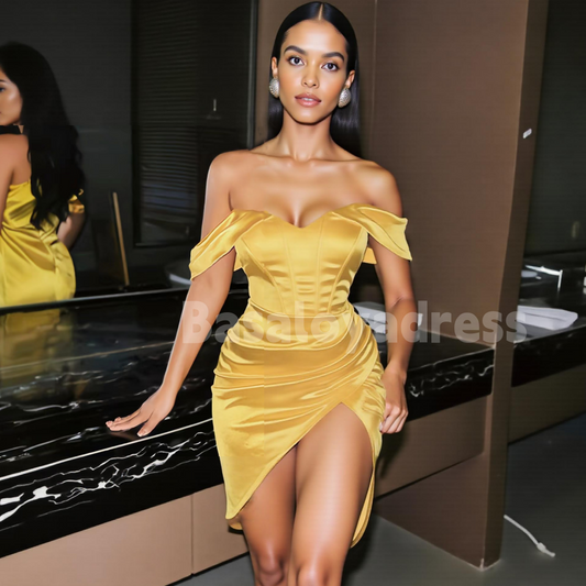BSD00013 Summer Women's Exquisite Satin Yellow Sweetheart Neck Off-the-shoulder Dress with High Slit
