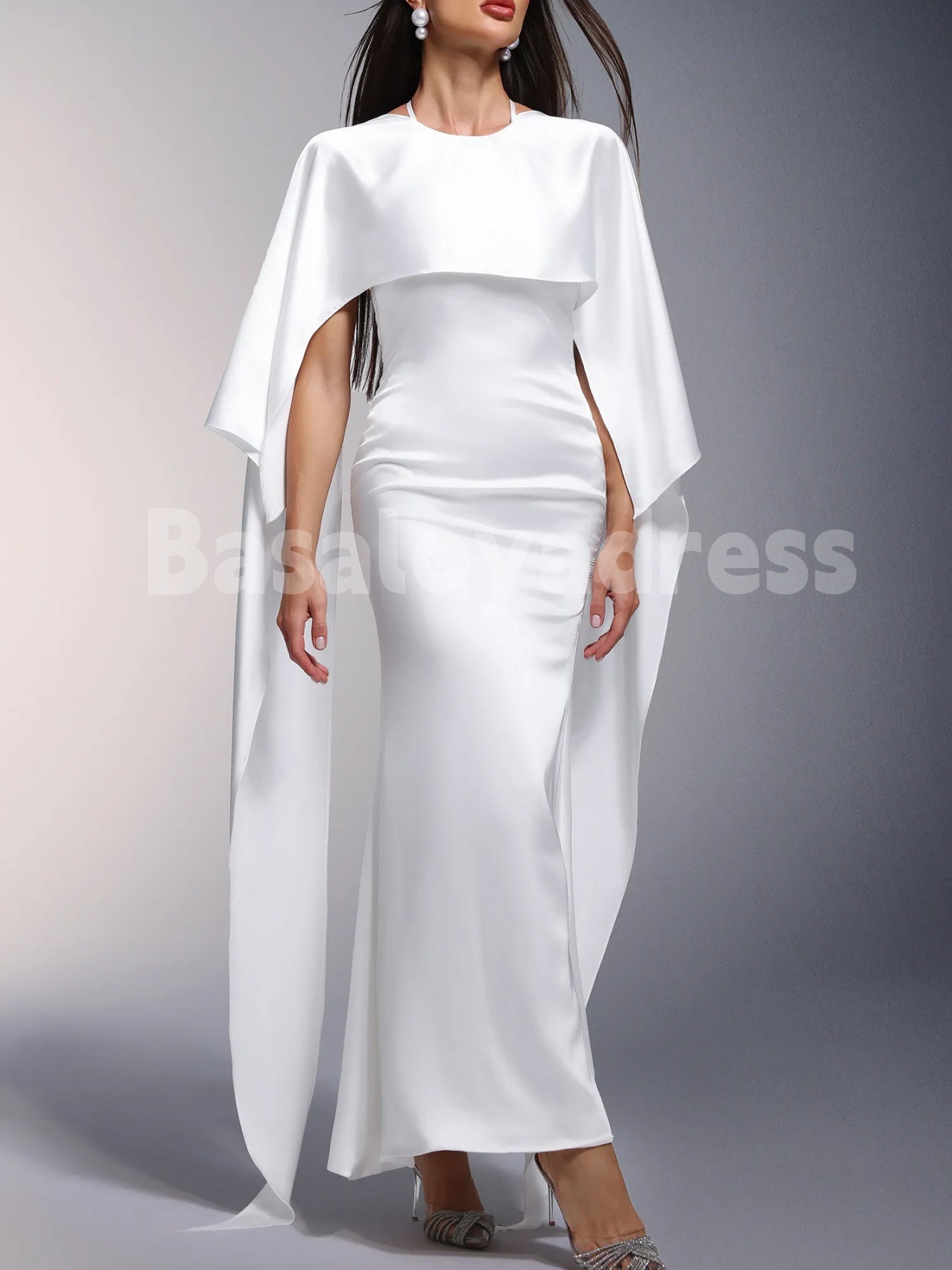 BDES00082 Elegant Women's White Draped Satin Backless Mermaid Maxi Dress With Cape
