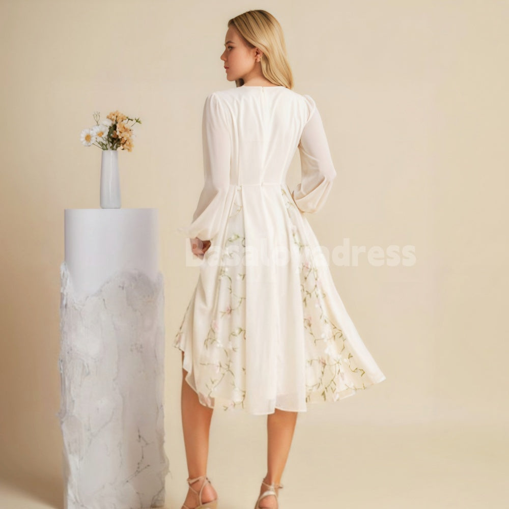 BSD00023 Pleated V-Neck Waist Tight Long Sleeve A-line Chiffon Lace Floral Midi Dress