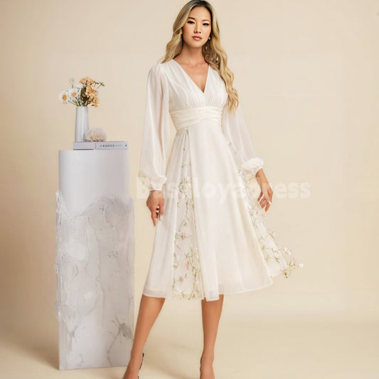 BSD00023 Pleated V-Neck Waist Tight Long Sleeve A-line Chiffon Lace Floral Midi Dress