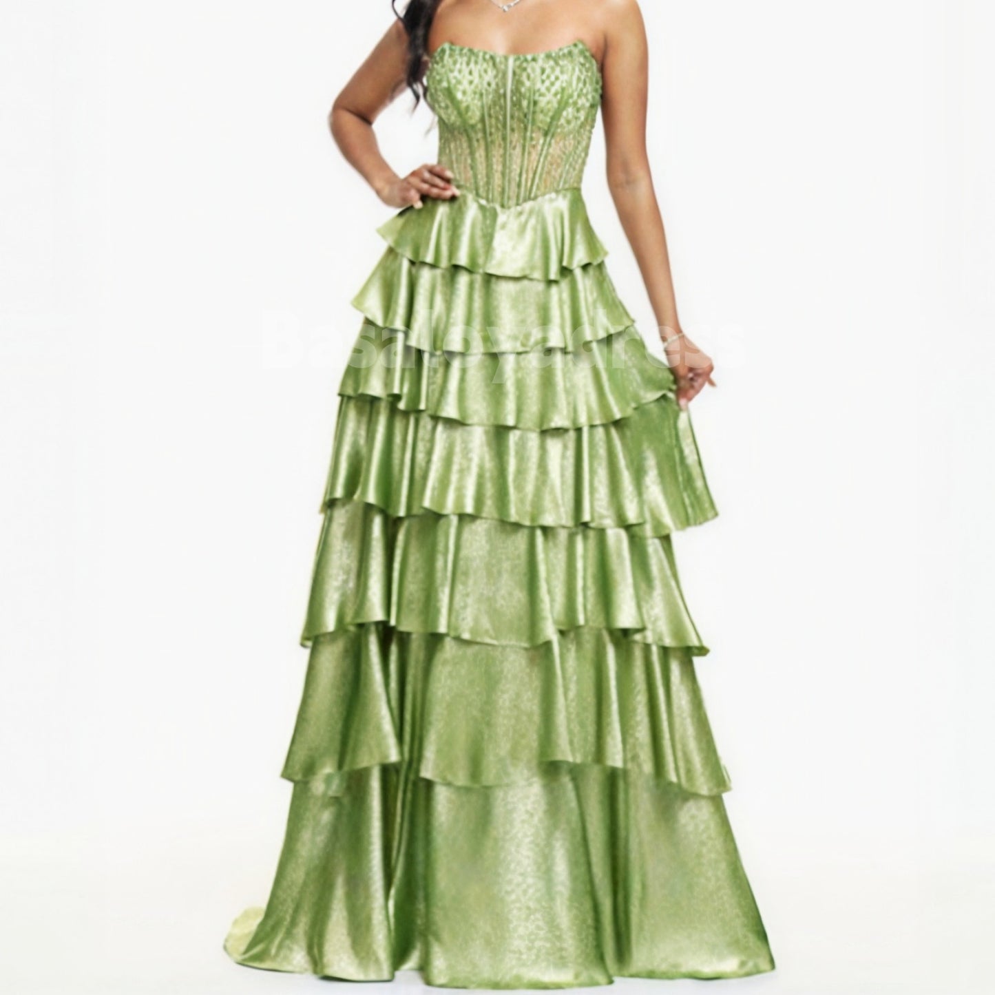 BDES00043 Green A-line Scoop Sweep Train Metallic Prom Dresses With Rhinestone Beading