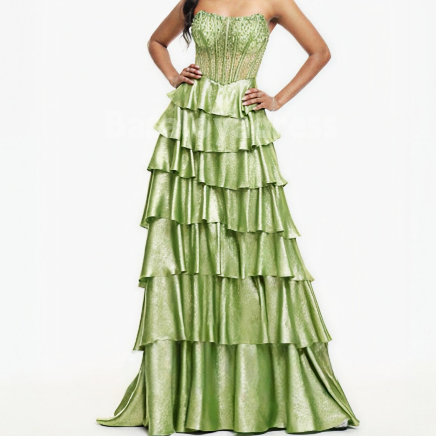 BDES00043 Green A-line Scoop Sweep Train Metallic Prom Dresses With Rhinestone Beading