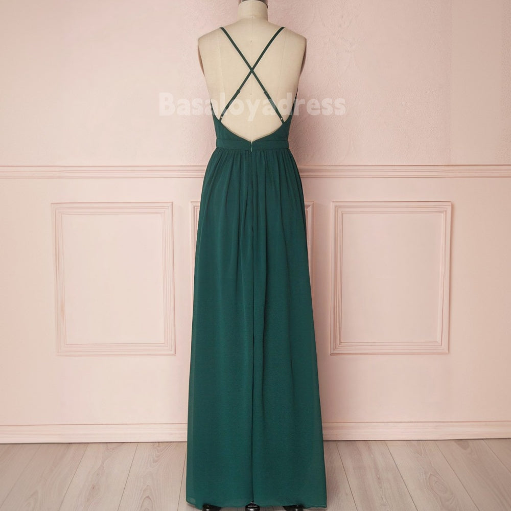 BDES00045 Chiffon Floor-length A-line V-neck Backless Pleated Bridesmaids Dress with Spaghetti Straps