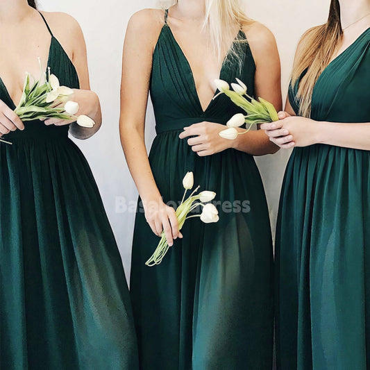 BDES00045 Chiffon Floor-length A-line V-neck Backless Pleated Bridesmaids Dress with Spaghetti Straps